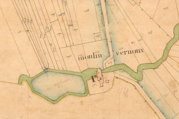 L'emprise du moulin des Vernoux ( cadastre de Pirajoux de 1836)